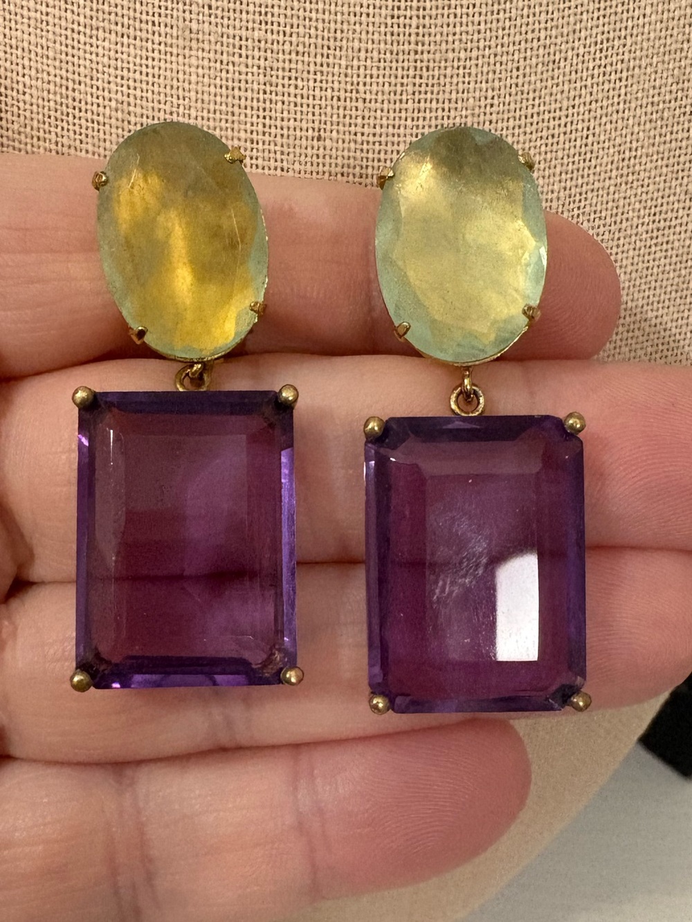 Bounkit earrings 2” clip on fluorite and amythest purple goldtone